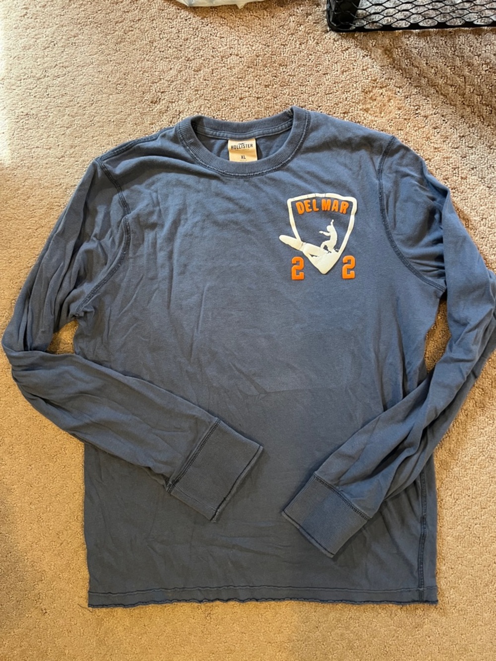Hollister Men's Navy Blue Del Mar Graphic Long-Sleeve Tee with Orange Accent
